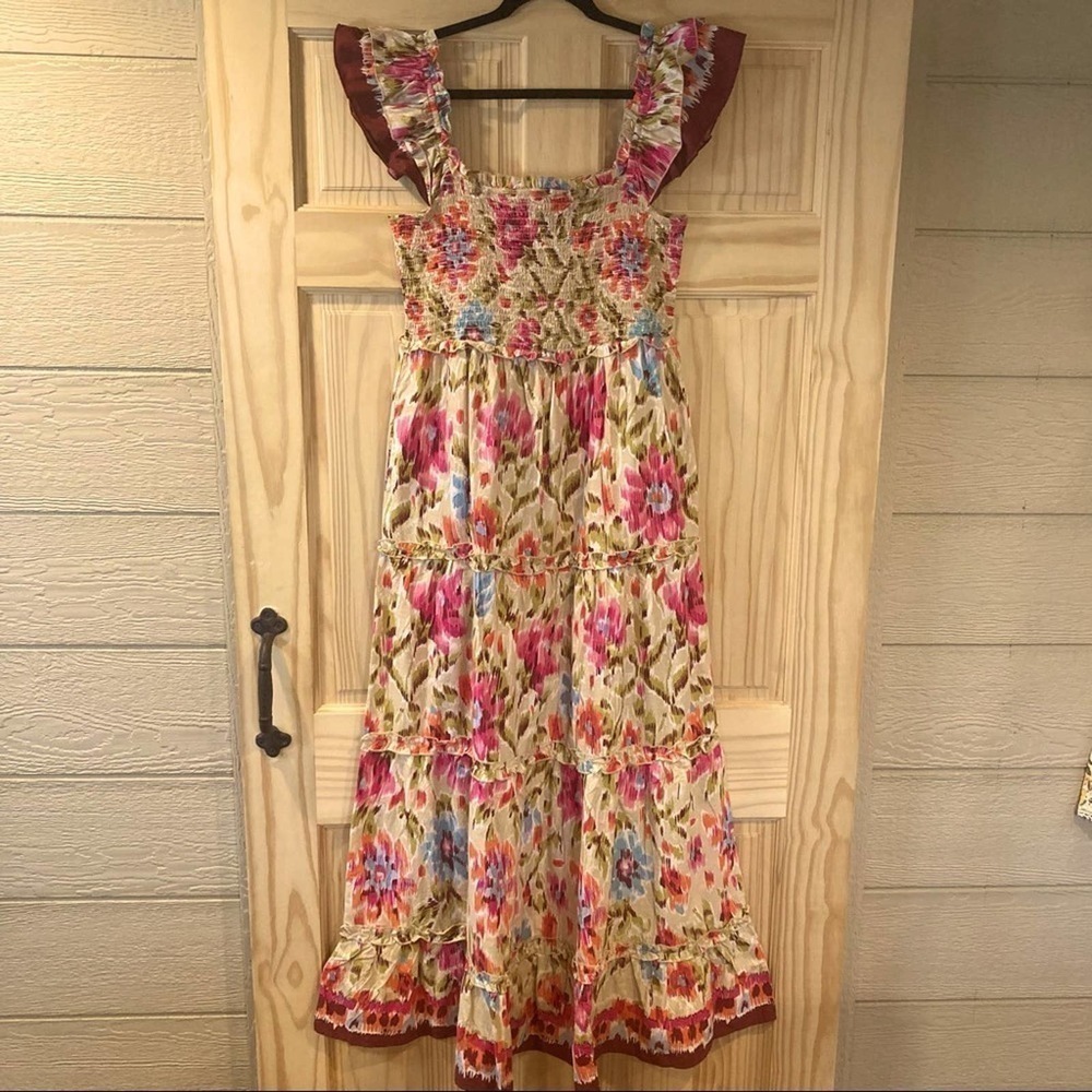 House OF HARLOW 1960 ZOEY KHAKI RUCHED FLUTTER SMOCKED MAXI DRESS